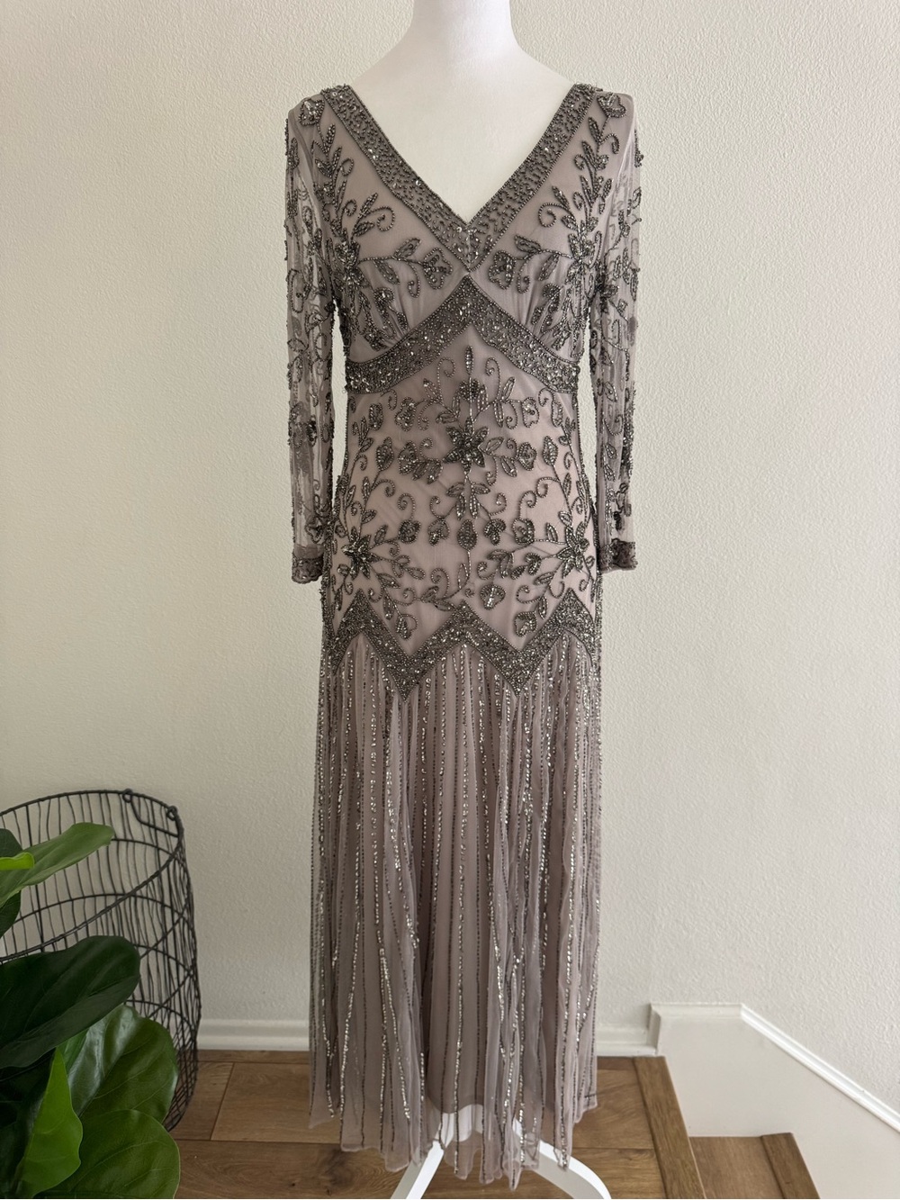 Pisarro Nights Beaded Taupe Long Sleeve Evening Dress